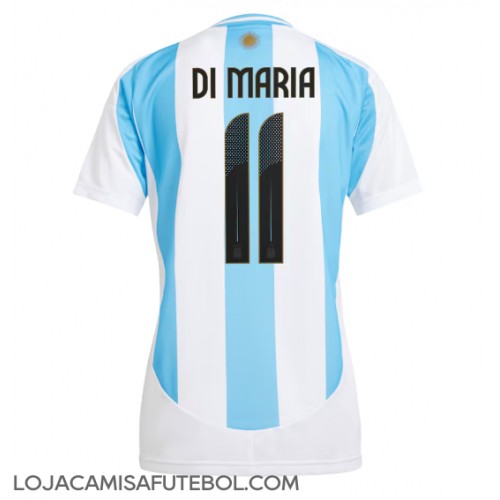 Camisa de Futebol Argentina Angel Di Maria #11 Equipamento Principal Mulheres Copa America 2024 Manga Curta